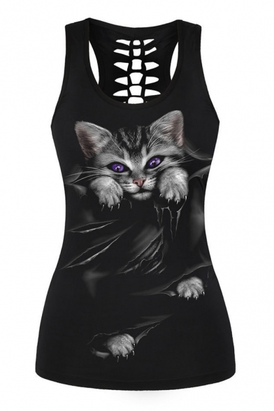Cat Printed Hollow Out Back Sleeveless Slim Tank