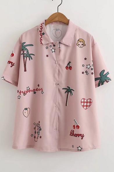 Cherry Coconut Tree Letter Printed Lapel Collar Short Sleeve Button Down Shirt
