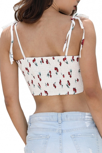 Cherry Printed Spaghetti Straps Sleeveless Knotted Front Crop Cami