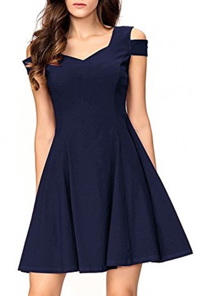 Cold Shoulder V Neck Short Sleeve Plain Mini A-Line Dress