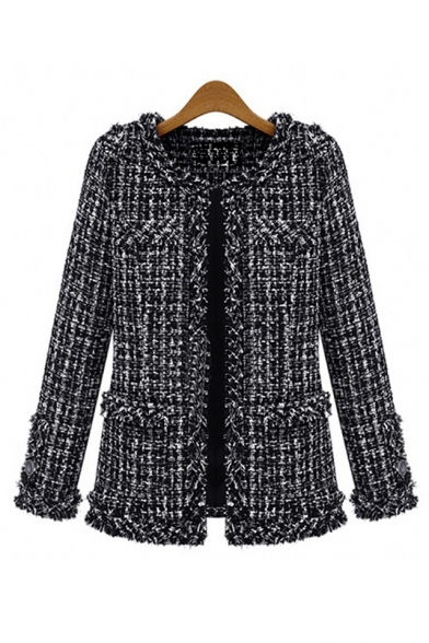 Collarless Long Sleeve Classic Plaid Printed Open Front Coat
