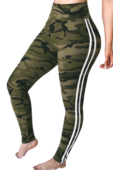 Contrast Striped Side Camouflage Printed High Waist Skinny Leggings