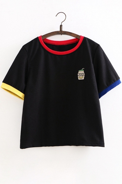 Contrast Trim Drink Embroidered Round Neck Short Sleeve Graphic Tee