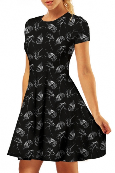 Digital Skull Printed Round Neck Short Sleeve Mini A-Line Dress