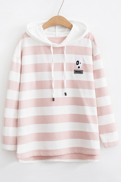 Dog Embroidered Color Block Striped Printed Long Sleeve Hoodie