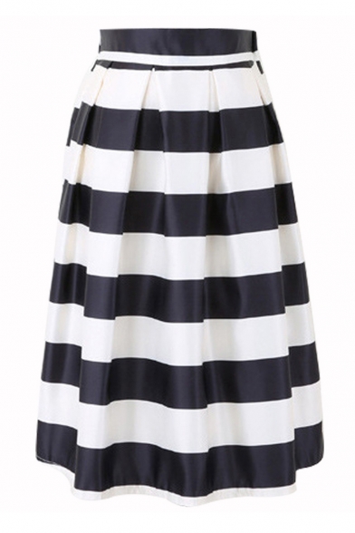 

Elegant Striped Printed Elastic Waist Midi A-Line Skirt, LC476918
