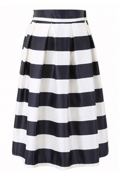 Elegant Striped Printed Elastic Waist Midi A-Line Skirt