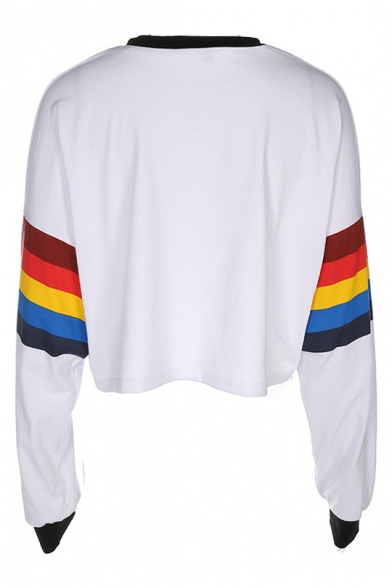 I DIG YOU Letter Contrast Striped Printed Long Sleeve Round Neck Crop Tee