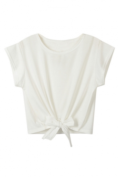 Round Neck Knotted Front Short Sleeve Plain Crop Tee