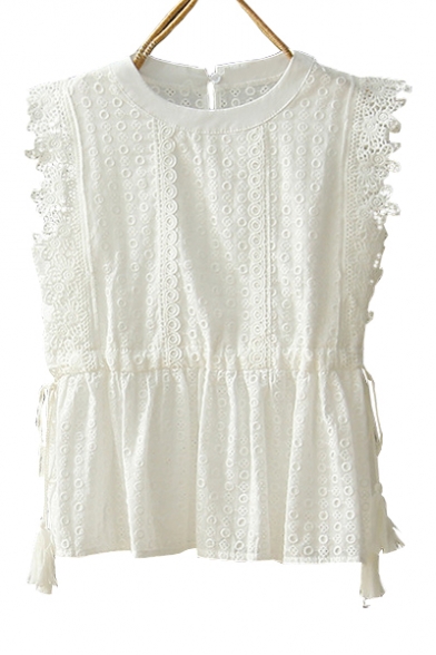 Round Neck Sleeveless Hollow Out Detail Tassel Embellished Blouse