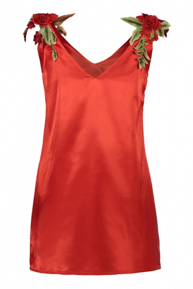 Sexy Floral Embroidered Embellished V Neck Sleeveless Mini A-Line Dress