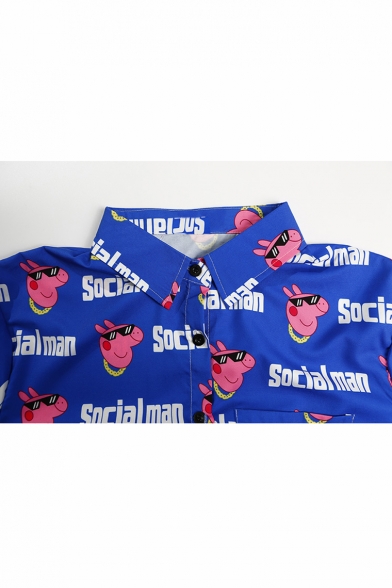 SOCIAL MAN Letter Pig Printed Short Sleeve Lapel Collar Button Down Shirt