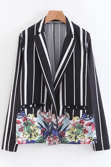 

Striped Floral Printed Notched Lapel Collar Long Sleeve Blazer, LC478001