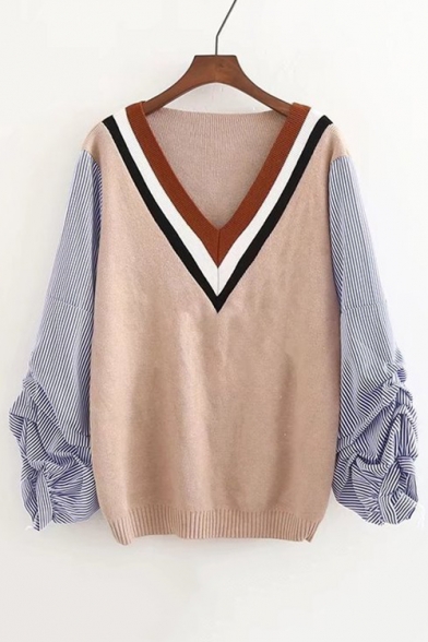 Striped Printed Patchwork Long Sleeve Contrast V Neck Loose Sweater