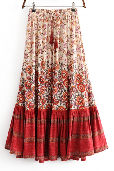 Tassel Drawstring Waist Floral Color Block Printed Maxi A-Line Skirt