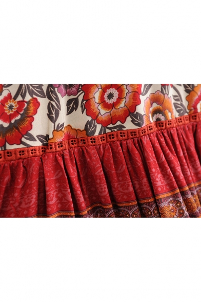 Tassel Drawstring Waist Floral Color Block Printed Maxi A-Line Skirt