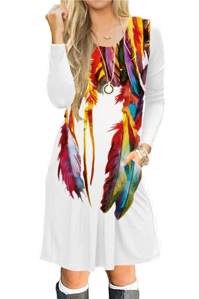 Trendy Feather Printed Long Sleeve Leisure Midi A-Line Dress