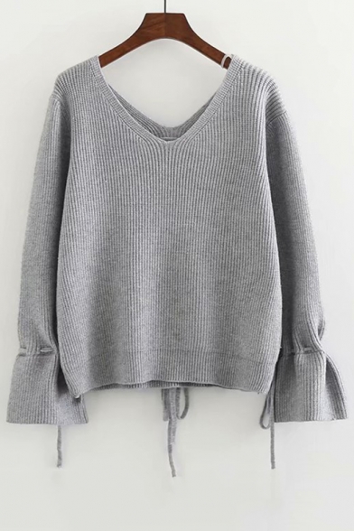 V Neck Long Sleeve Plain Lace Up Back Plain Sweater