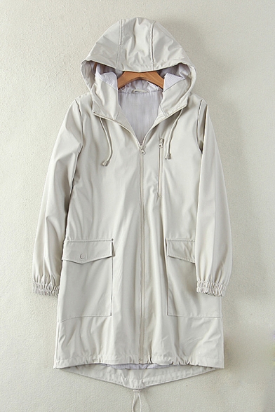 Zip Up Plain Long Sleeve Tunic Hooded Dust Coat