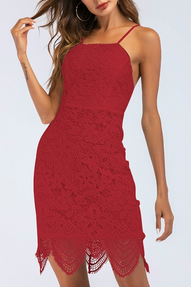 Backless Spaghetti Straps Sleeveless Mini Asymmetric Lace Dress