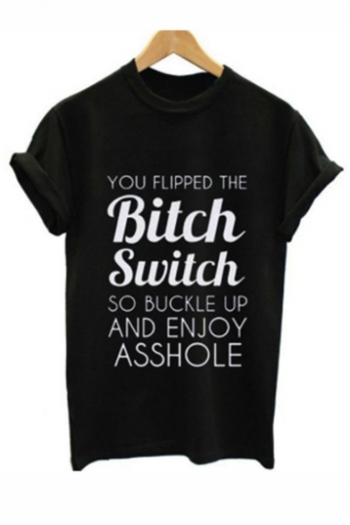 

BITCH SWITCH Letter Printed Round Neck Short Sleeve Tee, Black;white;light gray, LC479244