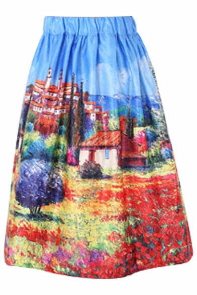 Cartoon Landscape Printed Elastic Waist Midi A-Line Skirt