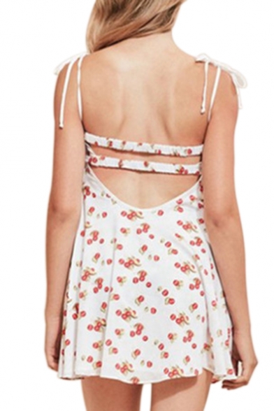 Cherry Printed Spaghetti Straps Sleeveless Hollow Out Back Mini Cami Dress