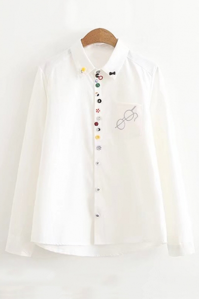 Chic Glasses Embroidery Long Sleeve Shirt with Colorful Button