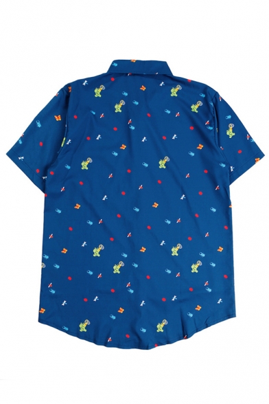 Cute Frog Printed Short Sleeve Lapel Collar Button Down Shirt