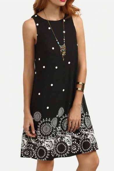 Fashion Polka Dot Printed Round Neck Sleeveless Mini Swing Dress