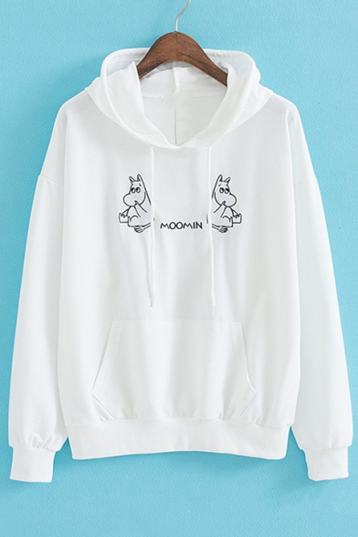 Letter Hippo Embroidered Long Sleeve Loose Hoodie