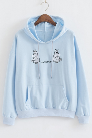 Letter Hippo Embroidered Long Sleeve Loose Hoodie
