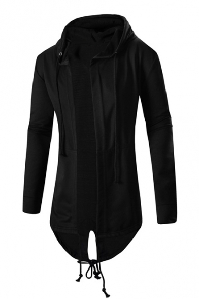 Long Sleeve Plain Drawstring Hem Open Front Tunic Hooded Coat