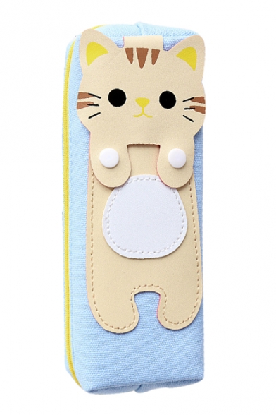Lovely PU Cat Pattern Patched Zippered Pencil Case