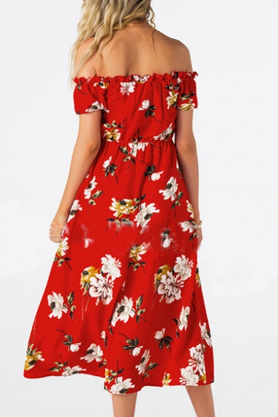 Off The Shoulder Floral Printed Short Sleeve Maxi Asymmetric Hem Dress