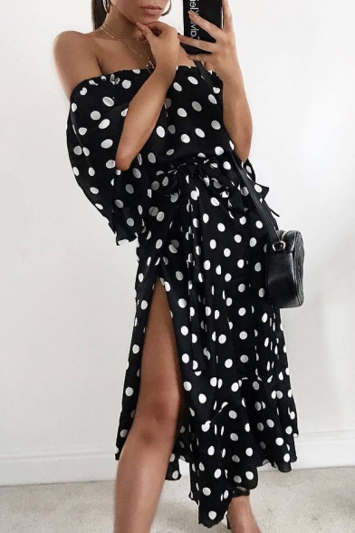 Polka Dot Printed Off The Shoulder Half Sleeve Split Side Maxi A-Line Dress