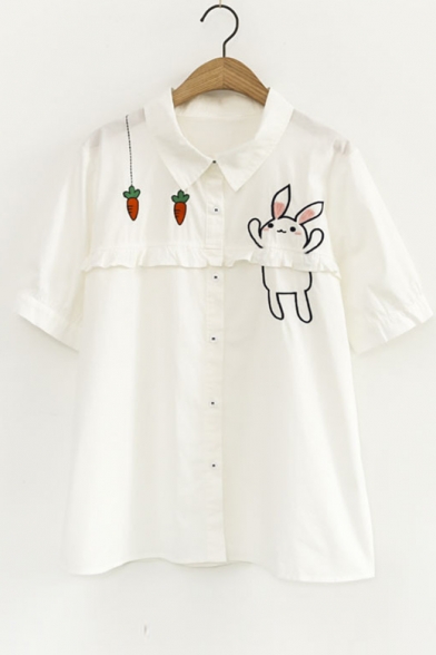 Rabbit Carrot Embroidered Lapel Collar Button Down Short Sleeve Shirt