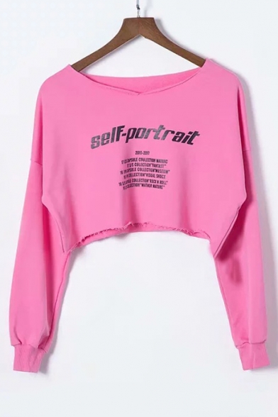 SELF-PORTRAIT Letter Printed Round Neck Long Sleeve Crop Sweatshirt