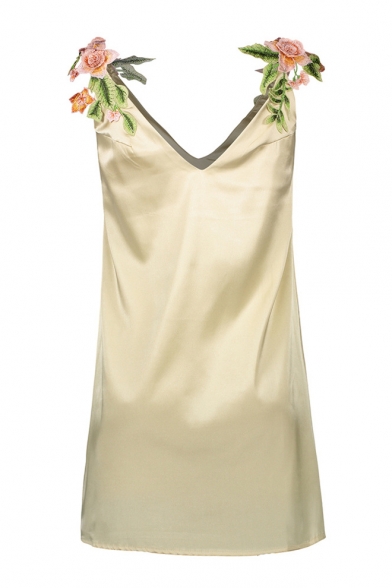 Sexy Floral Embroidered Embellished V Neck Sleeveless Mini A-Line Dress