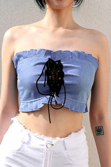 Sexy Lace Up Front Sleeveless Crop Denim Bandeau