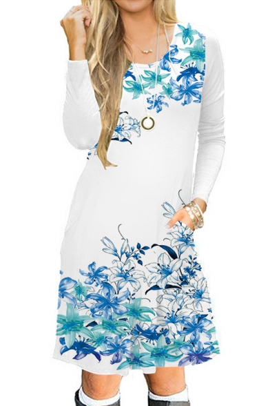 Trendy Round Neck Floral Printed Long Sleeve Midi A-Line Dress