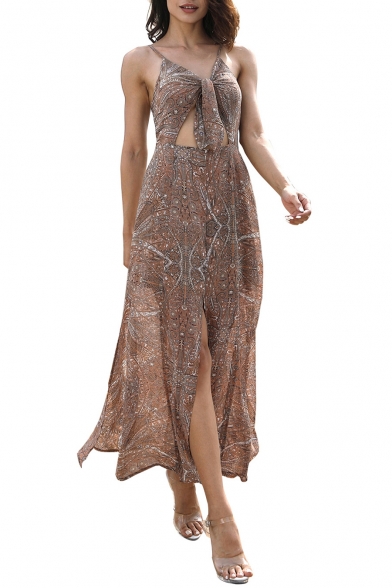 Tribal Printed Spaghetti Straps Sleeveless Hollow Out Waist Split Front Maxi Cami Dress