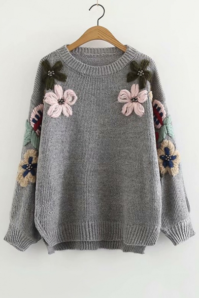 flower print raglan sleeve dip hem sweater