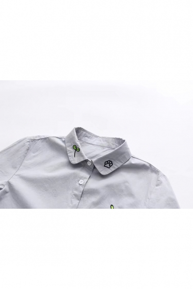 Cat Leaf Embroidered Pocket Lapel Collar Long Sleeve Button Down Leisure Shirt