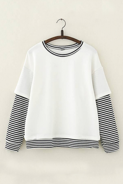 Contrast Striped Trim Fake Two Pieces Round Neck Long Sleeve Leisure Tee