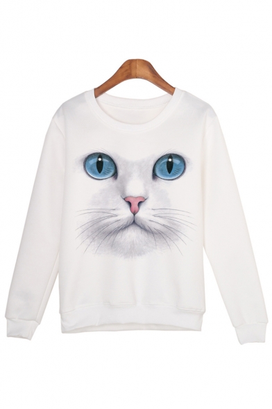 Digital Cat Face Printed Round Neck Long Sleeve Sweatshirt
