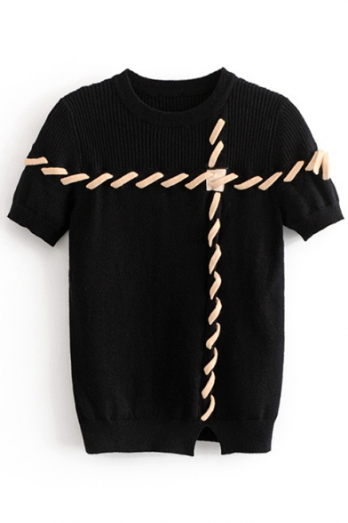 Drawstring Embellished Round Neck Short Sleeve Ribbed Sweater