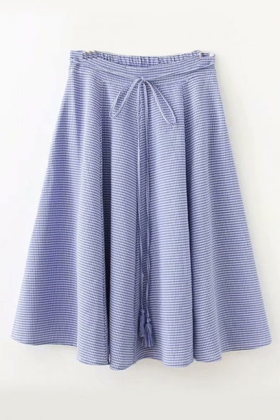 Fashion Bow Tie Front Elastic Waist Plaid A-Line Skirt