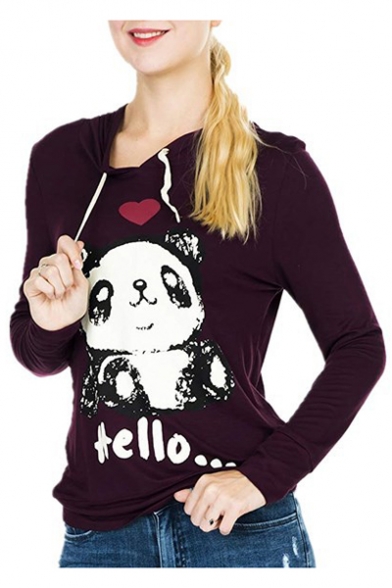 HELLO Letter Panda Printed Long Sleeve Slim Hoodie
