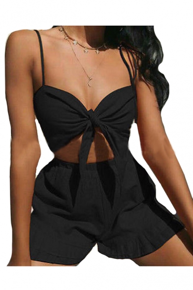 Hollow Out Plain Spaghetti Straps Sleeveless Knotted Front Crop Cami with High Waist Shorts Co-ords